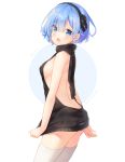  1girl ass backless_outfit black_sweater blue_eyes blue_hair blush breasts butt_crack character_name cowboy_shot drawstring dress halterneck hitsukuya meme_attire naked_sweater open-back_dress open_mouth re:zero_kara_hajimeru_isekai_seikatsu rem_(re:zero) ribbed_sweater short_hair sideboob simple_background small_breasts solo sweater sweater_dress thigh-highs turtleneck turtleneck_sweater twitter_username virgin_killer_sweater white_background white_legwear zettai_ryouiki 