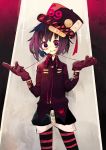  aki_maki_yuu androgynous arm_belt bags_under_eyes bandaid black_legwear cowboy_shot drawstring glint gloves hands_up hat highres looking_at_viewer original pantyhose pink_eyes purple_hair shorts smile solo standing stitched_mouth stitches tears wing_collar zipper 