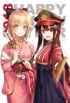  2girls :d ahoge arrow bangs bell black_bow black_hakama black_hat blonde_hair blush bow brown_eyes brown_hair checkered closed_mouth cowboy_shot ema fate_(series) from_side hagoita hair_bow hakama hamaya hanetsuki happy_new_year hat highres hip_vent holding_arrow japanese_clothes jingle_bell kimono koha-ace long_hair long_sleeves looking_at_viewer looking_to_the_side multiple_girls new_year nonono obi oda_nobunaga_(fate) okita_souji_(fate) open_mouth paddle peaked_cap pink_kimono red_eyes sash shiny shiny_hair short_hair sidelocks simple_background smile standing straight_hair striped striped_kimono translated v-shaped_eyebrows vertical_stripes white_background wide_sleeves 