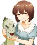  1girl absurdres brown_hair closed_eyes dinosaur dinosaur_adventure hagiwara_yukiho highres idolmaster idolmaster_(classic) meme oro_(dinosaur_adventure) short_hair smile takahashi_umori 