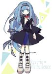  1girl bangs black_dress blue_eyes blue_hair blue_ribbon boots character_name cherudo choker dress elemental_gelade expressionless full_body hair_ribbon knee_boots long_hair red_ribbon reverie_metherlence ribbon ribbon_choker simple_background solo standing white_footwear wide_sleeves 