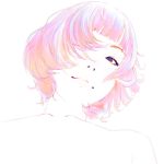  1girl black_eyes close-up face from_below hair_over_one_eye ilya_kuvshinov looking_at_viewer multicolored_hair original out-of-frame_censoring short_hair simple_background smile solo topless 