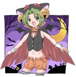  1girl :d alternate_costume animal_hat ballpoint_pen_(medium) bell black_vest cape cat_hat cowboy_shot crescent_moon dejiko di_gi_charat fangs fujiwara_tatsuro green_eyes green_hair hair_bell hair_ornament halloween halloween_costume hat jack-o&#039;-lantern jingle_bell moon open_mouth orange_shorts out_of_frame outstretched_arms popped_collar short_hair short_shorts shorts sleeveless smile solo spread_arms thigh-highs traditional_media vest wrist_cuffs zettai_ryouiki 