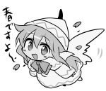  1girl :d arms_at_sides bangs blush_stickers bow bowtie capelet chibi dot_nose dress eyebrows eyebrows_visible_through_hair fairy fairy_wings flying full_body hair_between_eyes hat highres kuromiya_yurin legs_apart lily_white long_hair long_sleeves monochrome motion_lines open_mouth petals simple_background smile solo touhou white_background wide_sleeves wings 