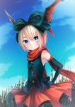  1girl artist_request bat_wings black_gloves black_shirt blonde_hair blue_eyes bow buttons clouds earrings elbow_gloves elin_(tera) gloves grass hair_bow hand_on_hip head_wings highres jewelry outdoors red_scarf red_skirt ribbon scarf shirt short_hair skirt sky sleeveless sleeveless_shirt smile solo tall_grass tera_online upper_body wings 