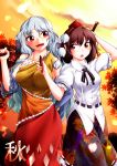  0-den 2girls absurdres autumn_leaves autumn_leaves_print bare_shoulders black_hair blush bow clouds hatchet highres holding holding_pen leaf_print long_hair looking_at_another multiple_girls oriental_hatchet pointy_ears red_bow red_eyes red_ribbon ribbon sakata_nemuno shameimaru_aya short_hair silver_hair touhou 
