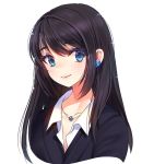  1girl bangs black_hair blue_eyes closed_mouth collared_shirt colored_eyelashes earrings eyelashes highres jewelry lips long_hair looking_at_viewer matsuki_ringo necklace original pendant portrait shirt simple_background smile upper_body white_background wing_collar 