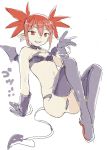  1girl arm_behind_back arm_support bangle bangs bare_shoulders bat_wings bracelet breasts choker cleavage demon_girl demon_tail disgaea dot_nose earrings elbow_gloves etna eyebrows eyebrows_visible_through_hair fang fronttire gloves grin hair_between_eyes highres jewelry makai_senki_disgaea midriff navel o-ring pointy_ears purple_choker purple_gloves purple_legwear purple_wings red_eyes redhead short_hair short_twintails sidelocks simple_background skull skull_earrings slit_pupils small_breasts smile solo stomach tail teeth thigh-highs tsurime twintails white_background wings 