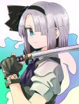  1girl anarogumaaa aqua_eyes ascot black_bow black_gloves bow chromatic_aberration closed_mouth commentary_request fingerless_gloves from_side gloves hair_bow hair_over_one_eye holding holding_sword holding_weapon konpaku_youmu looking_at_viewer one_eye_closed short_hair short_sleeves silver_hair solo sword touhou unsheathed upper_body weapon 