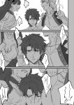  1girl 2boys 3koma arabian_clothes armlet bare_shoulders breasts comic commentary_request crown detached_collar earrings elbow_gloves fate/grand_order fate_(series) fujimaru_ritsuka_(male) gilgamesh gilgamesh_(caster)_(fate) gloves greyscale hoop_earrings ishtar_(fate/grand_order) jewelry long_hair metarogu monochrome multiple_boys neck_ring open_mouth single_elbow_glove small_breasts two_side_up 