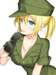  1girl blonde_hair blue_eyes blush breasts cleavage closed_mouth eyebrows_visible_through_hair eyewear_in_mouth green_hat habu. hat highres holding_eyewear large_breasts looking_at_viewer military mole_on_body mouth_hold original short_hair short_ponytail short_sleeves solo sunglasses 