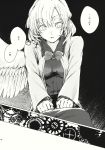  1girl bow bowtie comic dress feathered_wings greyscale highres hisona_(suaritesumi) kishin_sagume long_sleeves monochrome page_number short_hair single_wing suit_jacket touhou translation_request wings 