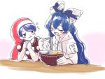  2girls :d antinomy_of_common_flowers blue_hair bowl bracelet chopsticks doremy_sweet dress food hat hood hoodie itatatata jewelry long_hair multiple_girls nightcap noodles ofuda ofuda_on_clothes open_mouth pom_pom_(clothes) ramen red_hat short_sleeves smile tongue touhou very_long_hair yorigami_shion 