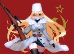  1girl belt black_gloves black_legwear black_skirt blonde_hair breasts coat cowboy_shot eyebrows_visible_through_hair fur_hat fur_trim gloves gun hair_between_eyes hammer_and_sickle hat large_breasts long_hair miniskirt original red_background red_eyes rifle skirt soviet_union star thigh-highs tianlluo very_long_hair weapon white_coat white_hat winter_clothes winter_coat zettai_ryouiki 