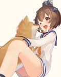  1girl brown_eyes brown_hair dog dress happy headgear headset kantai_collection keemu_(occhoko-cho) licking neckerchief one_eye_closed open_mouth sailor_dress shiba_inu short_hair simple_background speaking_tube_headset upper_teeth white_background yellow_neckwear yukikaze_(kantai_collection) 