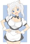  1girl :d absurdres animal_ears apron black_choker black_dress black_neckwear blue_background blue_eyes bow bowtie breasts choker cleavage cowboy_shot donguri_suzume dress eyebrows_visible_through_hair fang fingernails hands_on_hips head_tilt highres large_breasts legs_together maid maid_apron maid_headdress nail_polish open_mouth original pink_nails puffy_short_sleeves puffy_sleeves short_hair short_sleeves silver_hair simple_background smile solo twintails waist_apron wrist_cuffs 