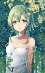  1girl aqua_eyes arms_behind_back bare_shoulders blurry blurry_foreground blush breasts cleavage collarbone depth_of_field dress expressionless eyelashes green_hair hair_between_eyes hair_ornament hairclip half-closed_eyes highres jewelry looking_at_viewer medium_breasts necklace original parted_lips plant shiny shiny_hair short_hair_with_long_locks sleeveless sleeveless_dress solo sundress upper_body white_dress zhi_zhi/zu_zu 
