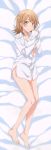  1girl absurdres barefoot bed_sheet blush bottomless breasts brown_eyes brown_hair cleavage collarbone dakimakura dress_shirt feet from_above full_body hands_together highres isshiki_iroha looking_at_viewer lying medium_breasts naked_shirt on_side shiny shiny_skin shirt short_hair smile solo toes white_shirt yahari_ore_no_seishun_lovecome_wa_machigatteiru. 