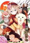  1girl :3 animal animal_ears animal_hug animal_mittens bangs beanie black_legwear blush brown_hat capelet closed_mouth coat commentary_request dog dog_ears dog_girl dog_tail eyebrows_visible_through_hair flower fur-trimmed_capelet givuchoko green_eyes hair_between_eyes hair_flower hair_ornament hat head_tilt light_brown_hair long_sleeves looking_at_viewer looking_to_the_side mittens orange_skirt original pantyhose pink_flower pleated_skirt purple_flower red_mittens short_hair sitting skirt solo tail tongue tongue_out wariza yellow_capelet yellow_coat 