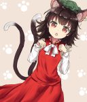  1girl :o animal_ears brown_hair cat_ears cat_tail chen chinese_clothes coraman green_hat hands_up hat jewelry long_sleeves looking_at_viewer medium_hair multiple_tails paw_background red_eyes red_skirt single_earring skirt skirt_set slit_pupils solo tail touhou two_tails vest white_neckwear 