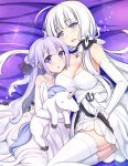  2girls ayase azur_lane bangs black_bow black_ribbon blue_eyes bow braid breasts cleavage collarbone commentary_request doll_hug dress elbow_gloves french_braid gloves hair_bun illustrious_(azur_lane) large_breasts long_hair looking_at_viewer low_twintails multiple_girls object_hug one_side_up purple_hair ribbon side_bun silver_hair stuffed_animal stuffed_pegasus stuffed_toy stuffed_unicorn thigh-highs twintails unicorn_(azur_lane) violet_eyes white_dress white_gloves white_legwear 