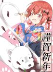  &gt;:o 1girl bat_hair_ornament bean_paste blue_kimono chopsticks commentary_request dog dog_(gabriel_dropout) eating fang floral_print food gabriel_dropout hair_ornament hair_ribbon hair_rings japanese_clothes jinsan_totsu kimono kurumizawa_satanichia_mcdowell mochi motion_blur obi open_mouth paw_background red_eyes redhead ribbon sash tears theft wagashi 