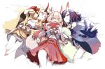  3girls :d animal_ears blonde_hair breasts claws cleavage domu_(hamadura) earrings eating eyeliner fang_out fangs fate/extra_ccc_fox_tail fox_ears horns ibaraki_douji_(fate/grand_order) japanese_clothes jewelry kimono long_hair lying makeup multiple_girls on_back on_side oni open_mouth pleated_skirt purple_hair shuten_douji_(fate/grand_order) skirt slit_pupils smile suzuka_gozen_(fate) violet_eyes yellow_eyes 