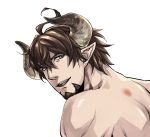  1boy back barowa beard brown_eyes brown_hair doraf facial_hair granblue_fantasy heartilly horns injury male_focus open_mouth pointy_ears portrait shirtless simple_background solo teeth white_background 