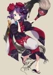  1girl absurdres black_hair blue_eyes calligraphy_brush ceda_(dace) commentary dragon fate/grand_order fate_(series) flower giant_brush hair_flower hair_ornament hairpin highres japanese_clothes katsushika_hokusai_(fate/grand_order) kimono looking_at_viewer obi paintbrush sandals sash short_hair sketch solo 
