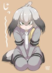  1girl bangs between_legs bird_tail black_hair blonde_hair bodystocking brown_background closed_mouth collared_shirt dated eyebrows_visible_through_hair full_body gloves green_eyes grey_hair grey_neckwear grey_shirt grey_shorts hair_between_eyes hair_over_shoulder hakaden hand_between_legs highres kemono_friends light_smile long_hair looking_at_viewer low_ponytail multicolored_hair necktie onomatopoeia seiza shirt shoebill_(kemono_friends) short_sleeves shorts side_ponytail simple_background sitting solo staring tail wing_collar 