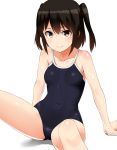  1girl 30-06 breasts brown_eyes brown_hair competition_school_swimsuit highres kantai_collection school_swimsuit sendai_(kantai_collection) short_hair sitting small_breasts smile solo swimsuit two_side_up white_background 
