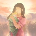  1boy 1girl alphonse_elric baby blanket blonde_hair brown_hair carrying clenched_hand closed_eyes dress fullmetal_alchemist grass hase_(nafela) long_hair mother_and_son pink_dress short_hair simple_background sky sleeping smile trisha_elric very_long_hair 