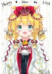  1girl 2018 :3 :d animal_ears bangs bell black_hakama blonde_hair blue_eyes blush bone_print bow braid commentary_request dog_ears eyebrows_visible_through_hair fang food hair_bow hair_ornament hair_ribbon hakama highres holding holding_food japanese_clothes jingle_bell juna kagami_mochi kimono looking_at_viewer low_twintails nengajou new_year open_mouth original paw_print red_bow ribbon short_kimono short_twintails smile solo striped thick_eyebrows twin_braids twintails vertical-striped_kimono vertical_stripes white_kimono white_ribbon year_of_the_dog 