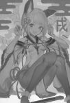  1girl absurdres animal_ears claw_pose detached_sleeves dog_ears granblue_fantasy hair_ribbon highres japanese_clothes monochrome oyu_(sijimisizimi) pantyhose ribbon short_hair sitting vajra_(granblue_fantasy) 