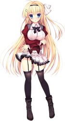  1girl :o black_legwear blonde_hair blue_eyes blush boots braid crossed_arms eyebrows_visible_through_hair full_body garter_straps hair_ornament hairband hairclip haruoto_alice_gram highres juliet_sleeves kuonji_kazuha_(harugura) long_hair long_sleeves looking_at_viewer mitha official_art one_side_up pleated_skirt puffy_sleeves skirt solo thigh-highs transparent_background very_long_hair 