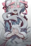  1girl apron bow dress hair_bow hands_clasped highres interlocked_fingers kagerou_project kozakura_marry open_mouth own_hands_together pink_eyes red_ribbon ribbon shizu_(9394marimo) short_hair_with_long_locks solo white_hair 