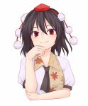  1girl bangs brown_hair closed_mouth eyebrows_visible_through_hair hair_between_eyes hand_up hat leaf_print looking_at_viewer miyo_(ranthath) pom_pom_(clothes) red_eyes red_hat shameimaru_aya short_hair short_sleeves simple_background smile solo tokin_hat touhou upper_body white_background 