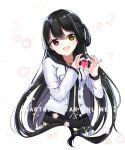  1girl :d bangs black_hair black_skirt blush character_request copyright_name drawstring eyebrows_visible_through_hair floral_background frilled_skirt frills glowing head_tilt heart heart_hands highres jacket jewelry kinatsu_ship long_hair long_sleeves looking_at_viewer miniskirt necklace open_clothes open_jacket open_mouth pendant phantasy_star phantasy_star_online_2 red_eyes skirt smile solo straight_hair tareme unbuttoned upper_body very_long_hair white_background white_jacket yellow_eyes zipper zipper_pull_tab 