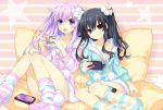  2girls black_hair hair_ornament highres long_hair multiple_girls nepgear neptune_(series) pajamas purple_hair red_eyes smile striped striped_legwear tsunako uni_(choujigen_game_neptune) violet_eyes 