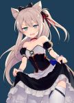  1girl achiki animal_ears apron azur_lane bangs black_bow black_dress blue_background blue_eyes blush bow cat_ears commentary_request dress eyebrows_visible_through_hair fang frilled_dress frills grey_hair hair_between_eyes hair_bow hair_ribbon hammann_(azur_lane) long_hair looking_at_viewer one_side_up open_mouth ponytail puffy_short_sleeves puffy_sleeves red_ribbon remodel_(azur_lane) ribbon short_sleeves simple_background skirt_hold solo thigh-highs very_long_hair waist_apron white_apron white_legwear wrist_cuffs 