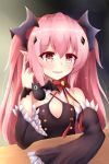  1girl bare_shoulders black_dress commentary_request detached_sleeves dress endsmall_min fang hair_ornament highres krul_tepes long_hair looking_at_viewer owari_no_seraph pink_hair pointy_ears red_eyes ribbon smile solo very_long_hair 