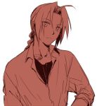  1boy braid edward_elric expressionless eyebrows_visible_through_hair fullmetal_alchemist long_hair long_sleeves looking_at_viewer male_focus monochrome red riru simple_background standing white_background 