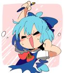  1girl arm_up ascot blue_bow blue_dress blue_hair blush bow cirno closed_eyes dress holding holding_pen ice ice_wings moyazou_(kitaguni_moyashi_seizoujo) no_nose open_mouth pen short_hair short_sleeves solo sweat touhou upper_body wings 