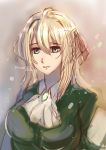  1girl absurdres blonde_hair blue_eyes blue_jacket breasts closed_mouth hair_ribbon highres jacket jewelry large_breasts necklace princeg07 ribbon simple_background violet_evergarden violet_evergarden_(character) 