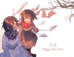  2018 2girls alternate_costume asymmetrical_wings black_hair brown_gloves buttons checkered_scarf closed_eyes coat gloves hands_in_pockets happy_new_year horns houjuu_nue kijin_seija motsuba multicolored_hair multiple_girls new_year outdoors red_eyes red_scarf redhead scarf smile snowing streaked_hair touhou waving white_hair wind wings winter winter_clothes winter_coat 