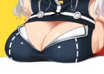  1girl bare_shoulders breasts cleavage cleavage_cutout close-up commentary head_out_of_frame kaguya_luna kaguya_luna_(character) kion-kun large_breasts shiny shiny_skin silver_hair simple_background sleeveless solo upper_body wavy_hair yellow_background 