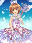  1girl antenna_hair blue_background brown_hair card_captor_sakura clear_card crystal dress gloves green_eyes kinomoto_sakura magical_girl open_mouth pianchan short_hair solo white_dress yume_no_tsue 