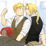  2boys alphonse_elric back-to-back blonde_hair book brothers clenched_hand coat edward_elric eyebrows_visible_through_hair formal fullmetal_alchemist long_hair long_sleeves looking_at_another male_focus multiple_boys nore_(boosuke) ponytail shirt short_hair siblings smile waistcoat white_shirt yellow_eyes 