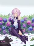  1girl :d armor blue_flower blush boots closed_eyes commentary creature elbow_gloves fate/grand_order fate_(series) flower fou gloves high_heel_boots high_heels hug legs_together mash_kyrielight mochii open_mouth pink_hair purple_flower purple_gloves purple_legwear shield short_hair sitting smile thigh-highs 