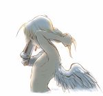  1boy angel_wings anna_kotori arms_up artist_name automail bare_back bare_chest blonde_hair braiding_hair edward_elric expressionless fullmetal_alchemist hairdressing highres long_hair looking_away male_focus simple_background white_background wings 